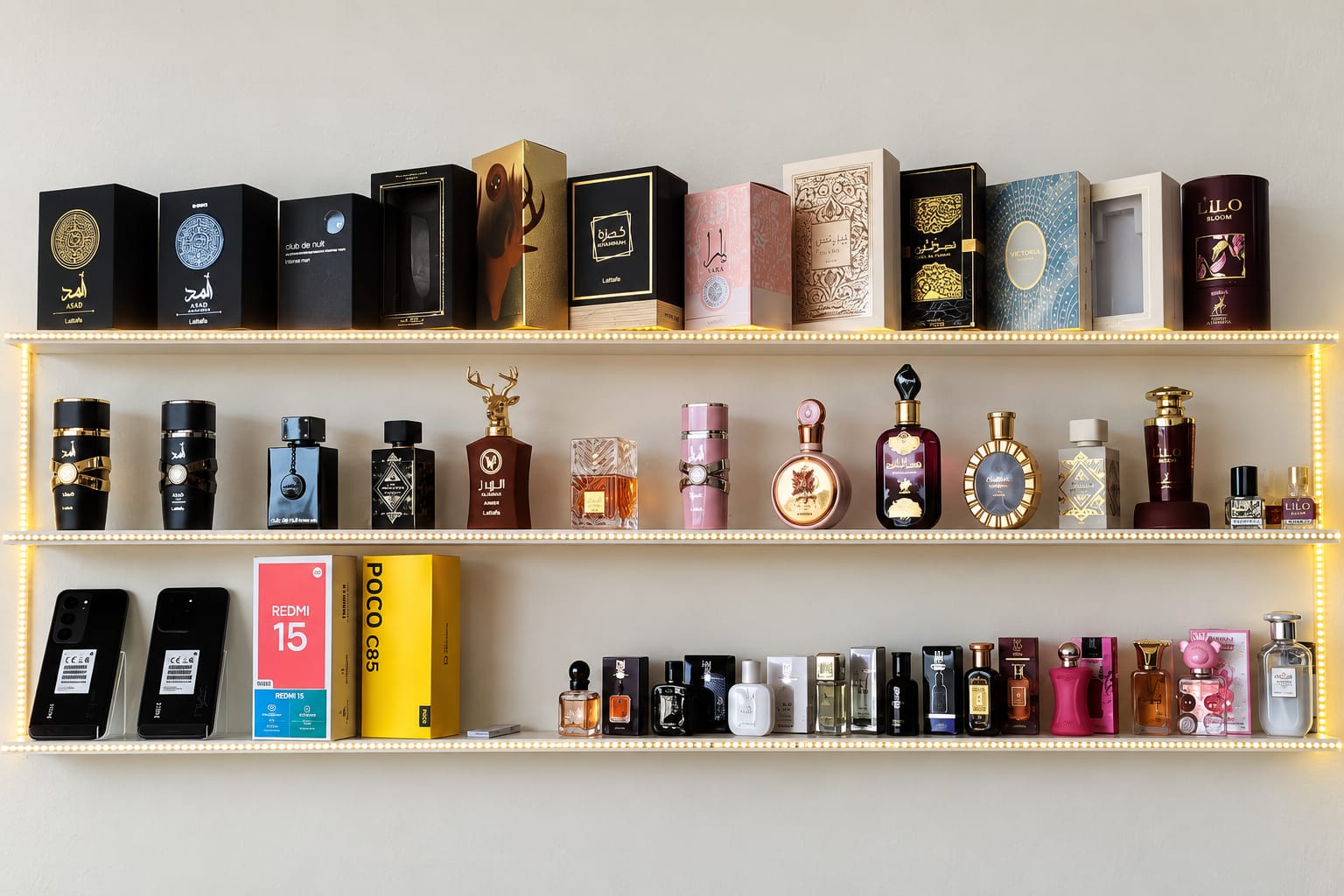 Prateleiras iluminadas da loja CCE Imports com perfumes e celulares expostos