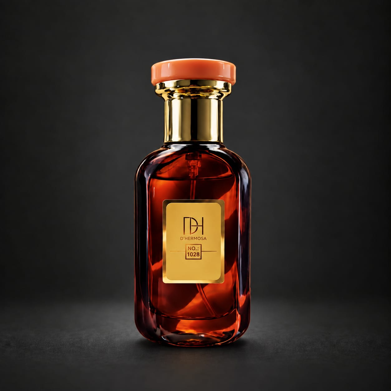 Frasco âmbar com tampa coral e dourada do perfume D'Hermosa NO. 1028