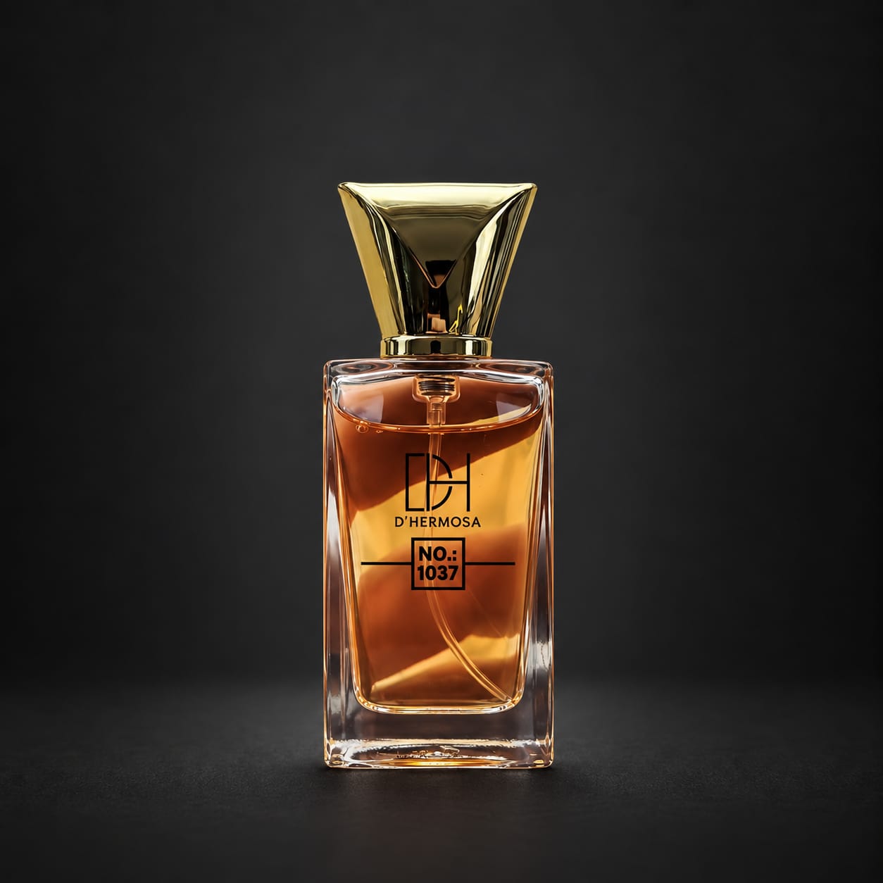Frasco âmbar com tampa dourada do perfume D'Hermosa NO. 1037